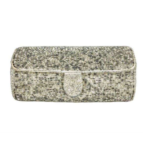 VTG 40s 50s Hato Hasi Glass Fully Beaded Silk Round Hard Case Clutch Purse Japan - Picture 1 of 11